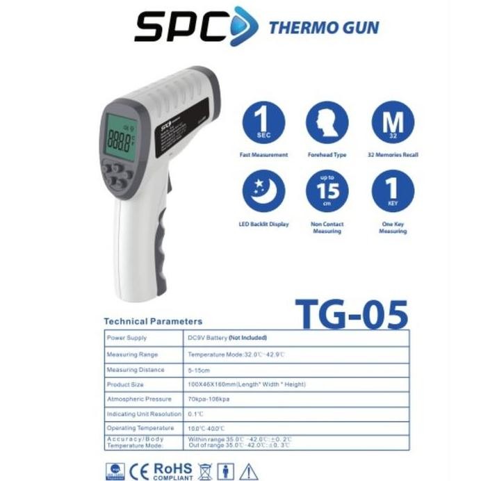 new  SPC Thermogun TG-05 Termometer Inframerah Akurat Jarak Tembak 15cm LED Backlit Baterai Termomet
