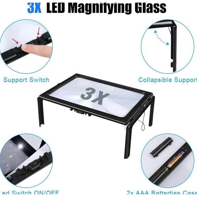 

Kaca Pembesar Bentuk Meja Untuk Baca Magnifier With 4 Led 3X New Stok