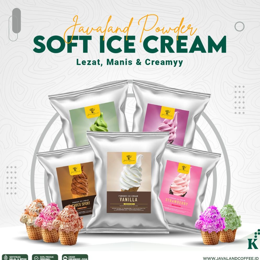 

Heatshrin Javaland Bubuk Ice Cream Varian Rasa 1Kg | Vanilla , Choco Sport / Coklat , Strawberry , Taro, Matcha | Bubuk Es Krim Kekinian Ta-68