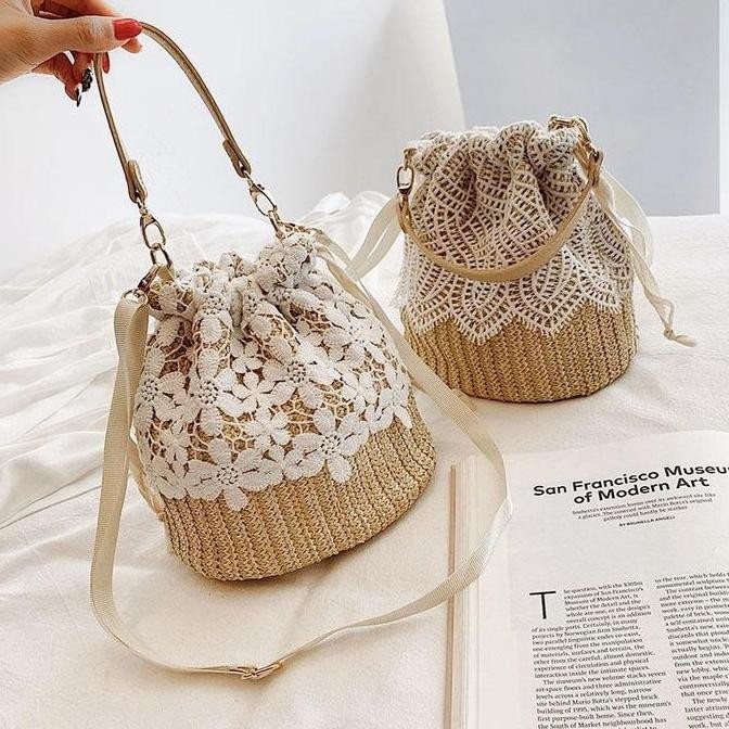 Handbag Wanita Tas Pantai Wanita Tas Jerami Tas Selempang Portabel Liburan Pantai Rotan Baru