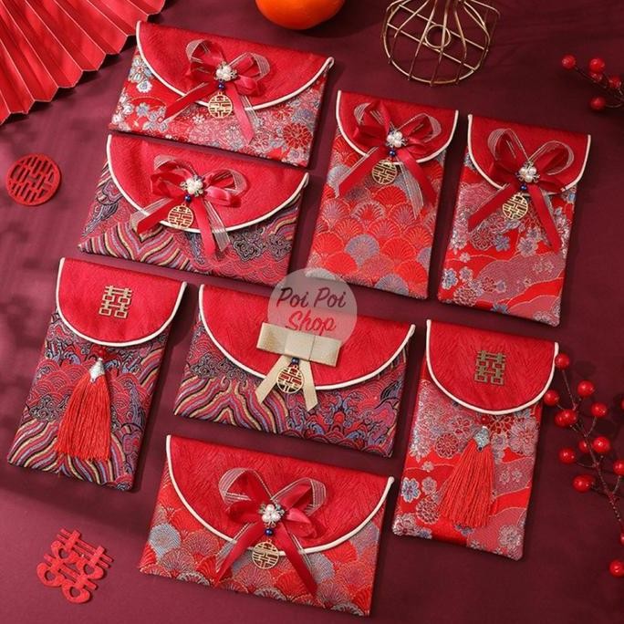 Dompet Wanita Angpao Dompet Kain Pita Embos Motif Sangjit 2024 Sovenir Imlek Cny