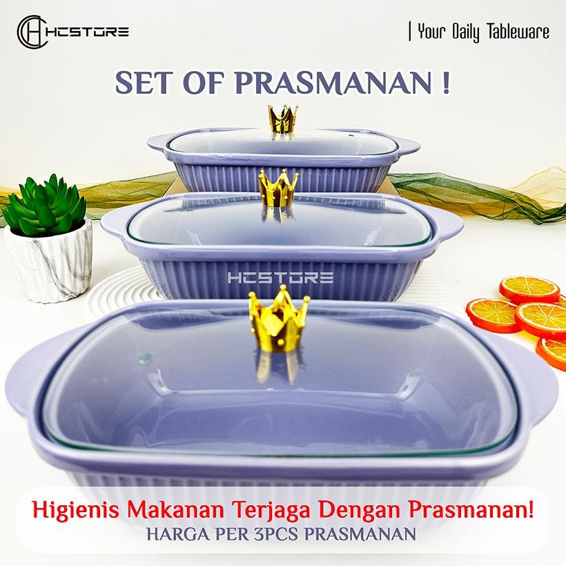 Berkualitas [SET 3PCS PRASMANAN] Prasmanan Keramik Piring Saji Piring Lauk Tempat Lauk Tutup Kaca  C