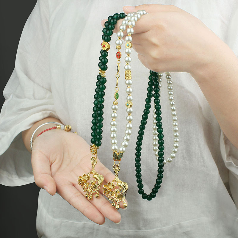 Kalung Antik Gaya Tionghoa, Mutiara & Batu Giok Hijau, Liontin Emas Klasik, Aksesori Wanita