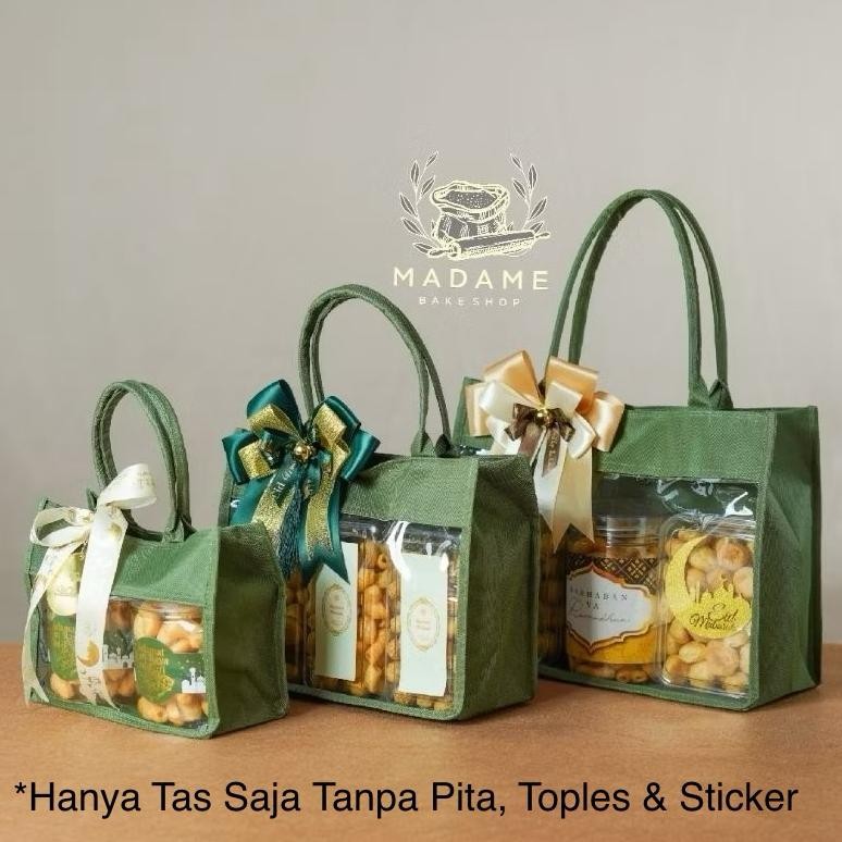 

hg-24 vb-8 Goodie Bag Tas Mika Kombinasi Hampers Muat Toples Jar Idul Fitri - Hijau / Cream Polos Sale Termurah