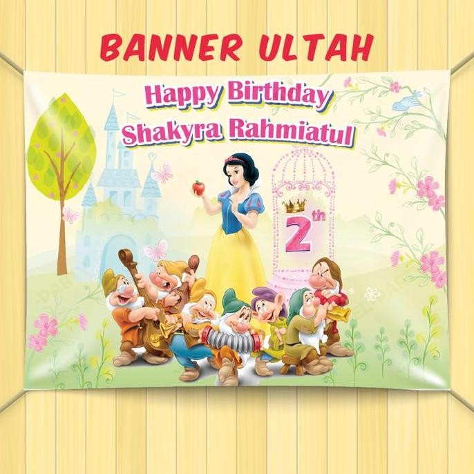 ready Banner Ulang Tahun Princess Snow White Spanduk Custom Nama Dekorasi Pesta Ultah Anak Backdrop 