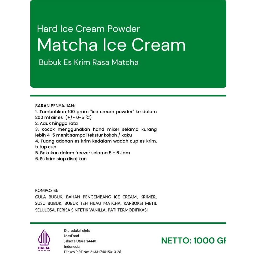 

Terlaris Hard Matcha Ice Cream / Bubuk Es Krim Rasa Green Tea 1 Kg Ready Stok