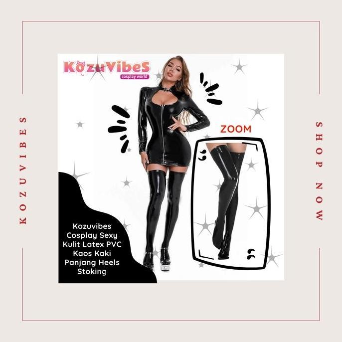 Kozuvibes Cosplay Sexy Kulit Latex Pvc Kaos Kaki Panjang Heels Stoking