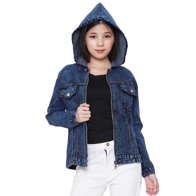 Minola Atasan Jaket Jeans Lanie Hoodie Cewek Resleting Denim Zipper Wanita Dewasa Lengan Panjang Nya