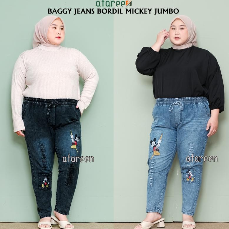 AFAREEN - Kulot Jeans Bordir Mickey Kulot Pinggang Karet Boyfriend Baggy Pants Jumbo BB 60-95 Kg