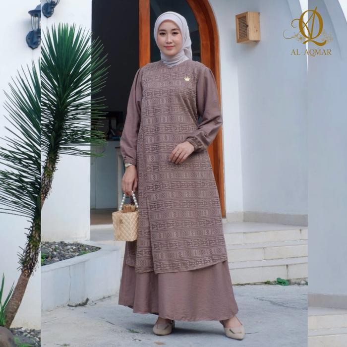 DWF Dress Mix Brukat Tali Pinggang Busui Saku Kanan Kain Polo Linen Gamis Muslim Kombinasi Nyaman