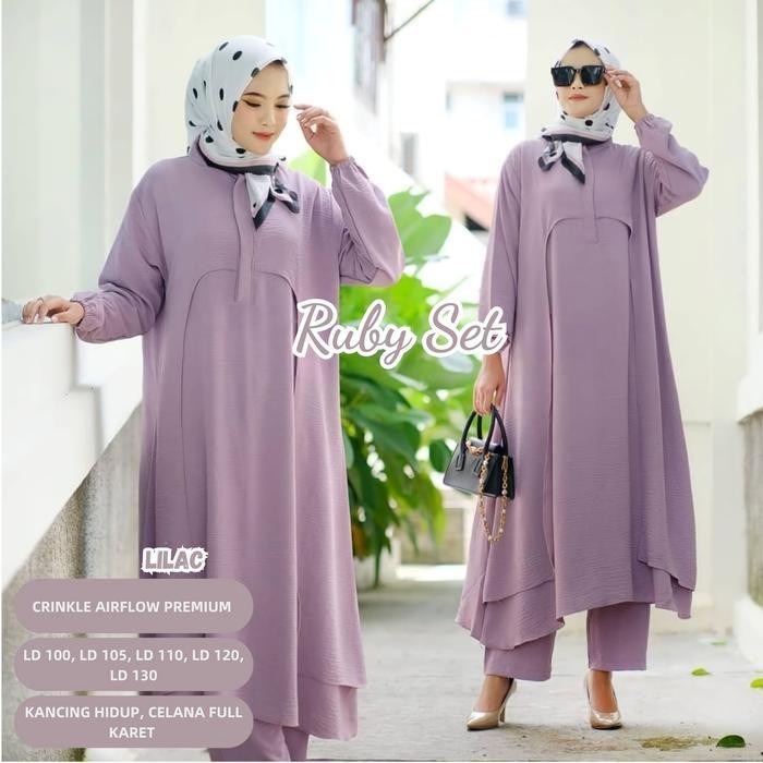 DWF Ruby One Set Rayon Crinkle Premium/Setelan Tunik Wanita/Stelan Tunik Celana/Setelan Celana Long 