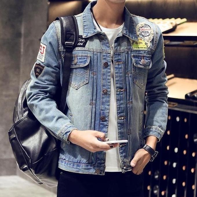 EIGHTEEN MAMIMA-jaket jeans pria unisex bahan denim motif emblem bordir