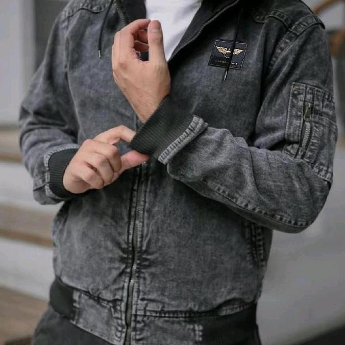 JAKET JEANS MOTIF BOMBER KUPLUK TERBARU LENGAN RIP KARETAN Pria Casual Keren Tebal