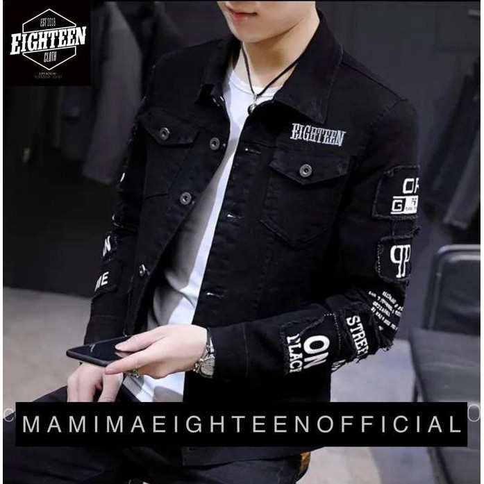 JACKET JEANS PRIA  DENIM HITAM PEKAT PRIA DAN WANITA FULLAN panjang motif jaket  bordir  cowok  casu