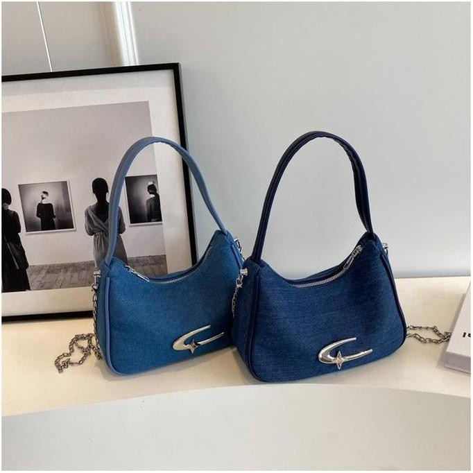 Handbag GD62096 Tas Selempang Rantai Wanita Bahan Denim Jeans Import