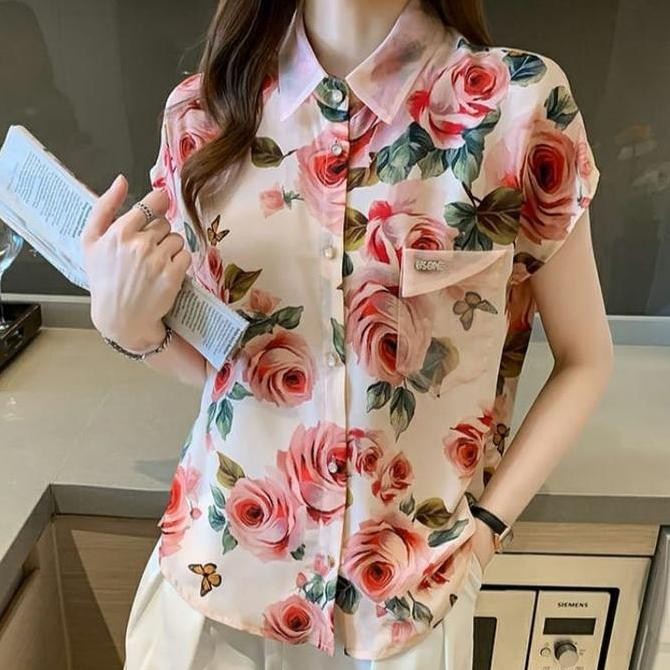 FS 7221 Kemeja atasan ELINA floral Top crepe motif bunga premium lengan pendek baju blouse hem wanit