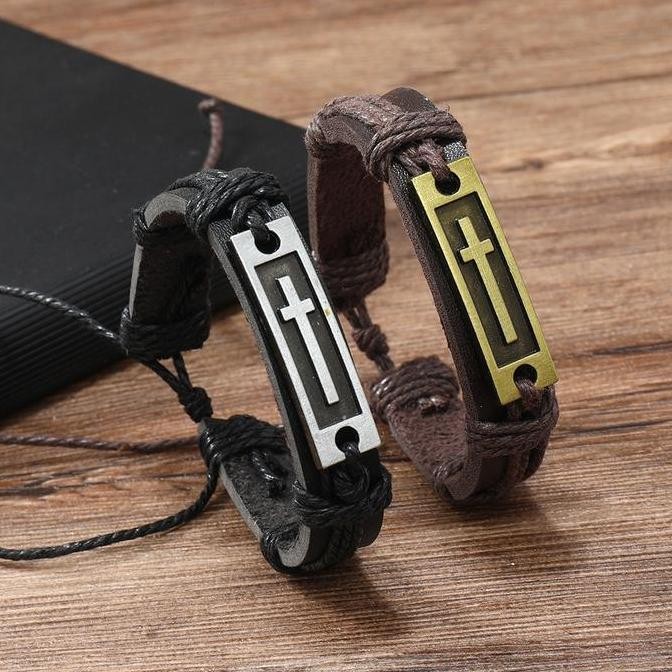 Tersedia - Gelang Kulit Salib Titanium Premium Ori Pria Wanita Unisex Couple G80