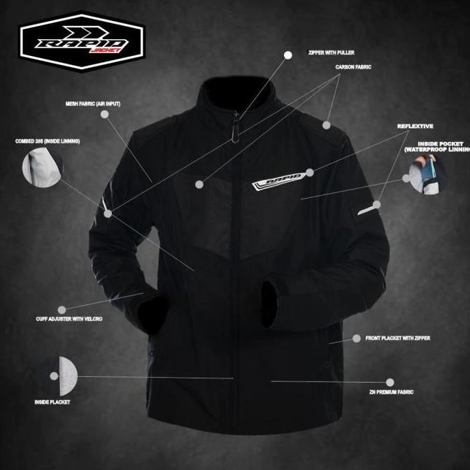 Jaket Motor Rapid Blackhawk Full Black Hitam Kombinasi Bahan Carbon