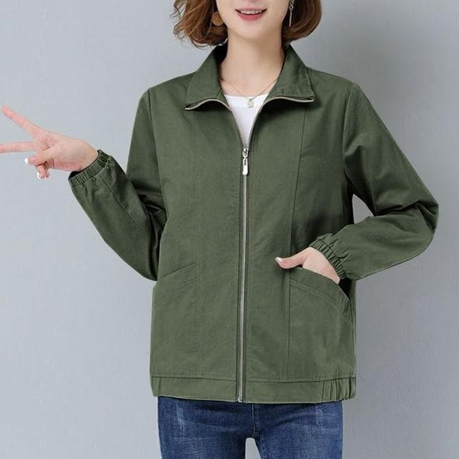 Jaket Wanita Korea Casual Kain Katun Dril Blazer Cewek Mama.U Model Terbaru Dengan 3 Kantong Saku - 