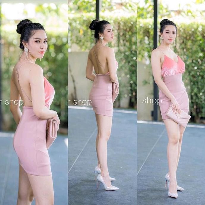 scotteshop mini dress scuba bludru wanita 782 backless bodycon casual pendek stretch berkualitas
