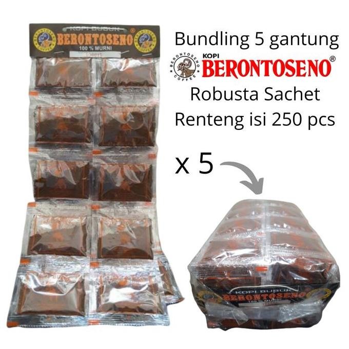 

READY BUNDLING 5 GANTUNG KOPI BUBUK BERONTOSENO ROBUSTA SACHET RENTENG 250 PCS
