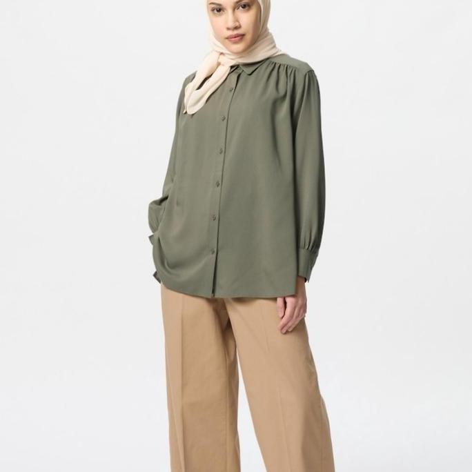 UNIQLO Kemeja Blus Tunik Rayon Gathered Lengan Panjang Wanita ORIGINAL