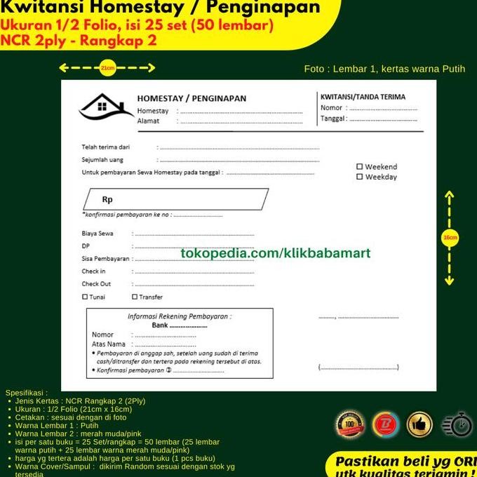 

Kwitansi Homestay Penginapan Villa Hotel 1/2 Folio Rangkap 2