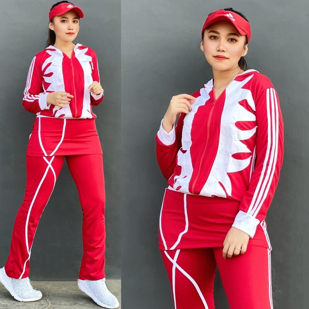 Setelan Baju Senam Lapangan Cakar Panjang Merah Putih  Hijab Cycling Olahraga Muslim