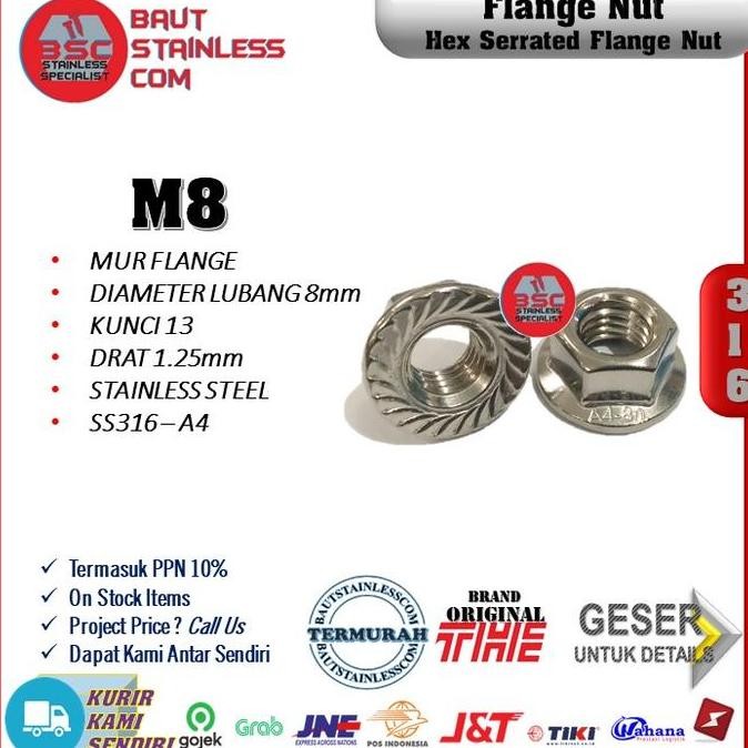FLANGE NUT STAINLESS STEEL SS316 A4 - MUR FLANGE M8 HIGH QUALITY