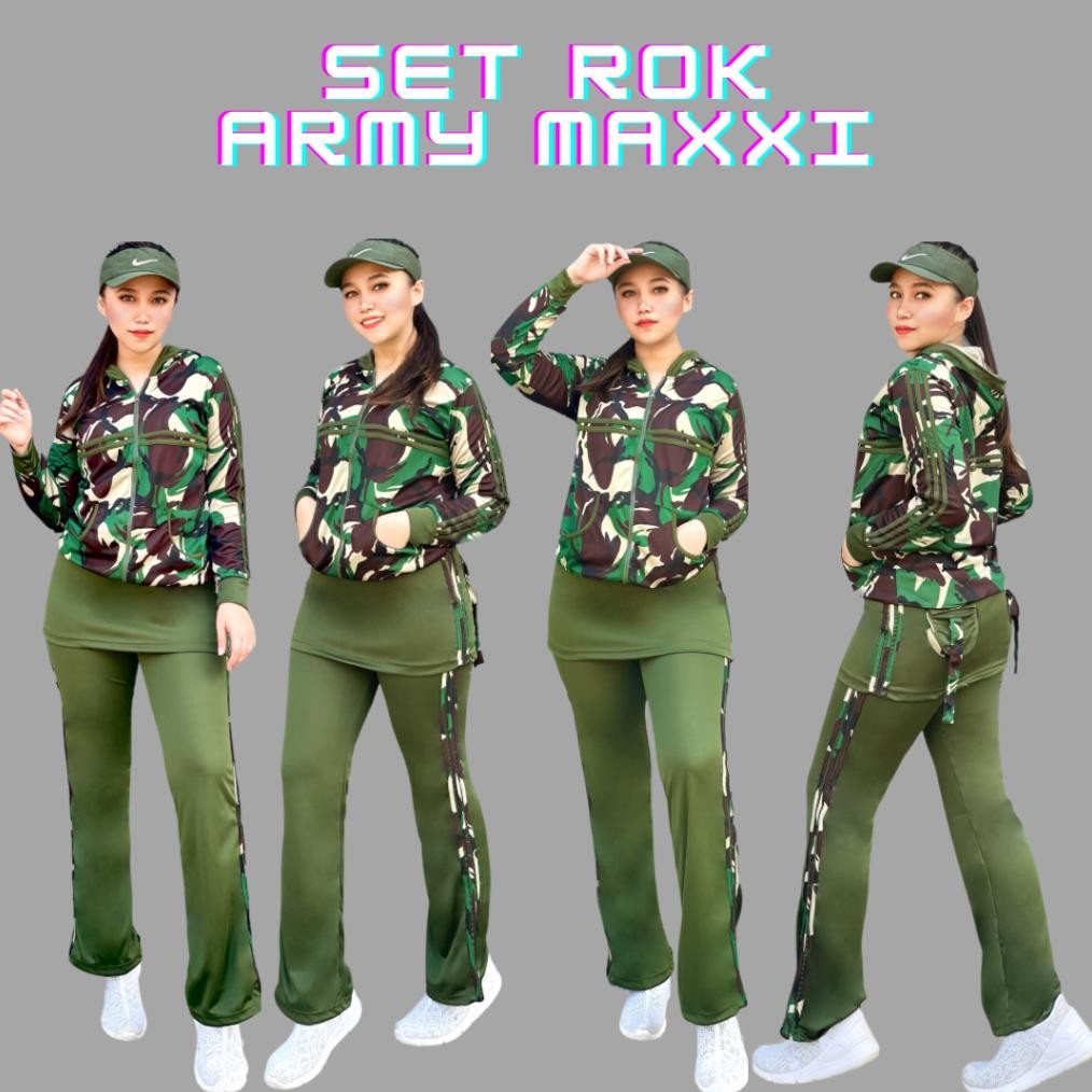 Setelan Baju Senam Baju Aerobic Baju Zumba Olahraga Panjang Muslim Army Rok Hijau