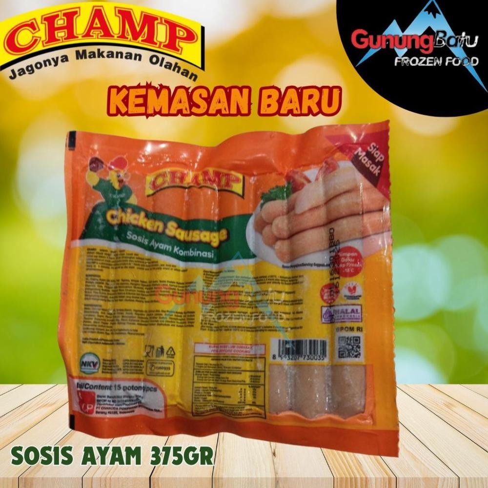 

CHAMP CHICKEN SAUSAGE 375GR ISI 15PCS SOSIS AYAM Nugi