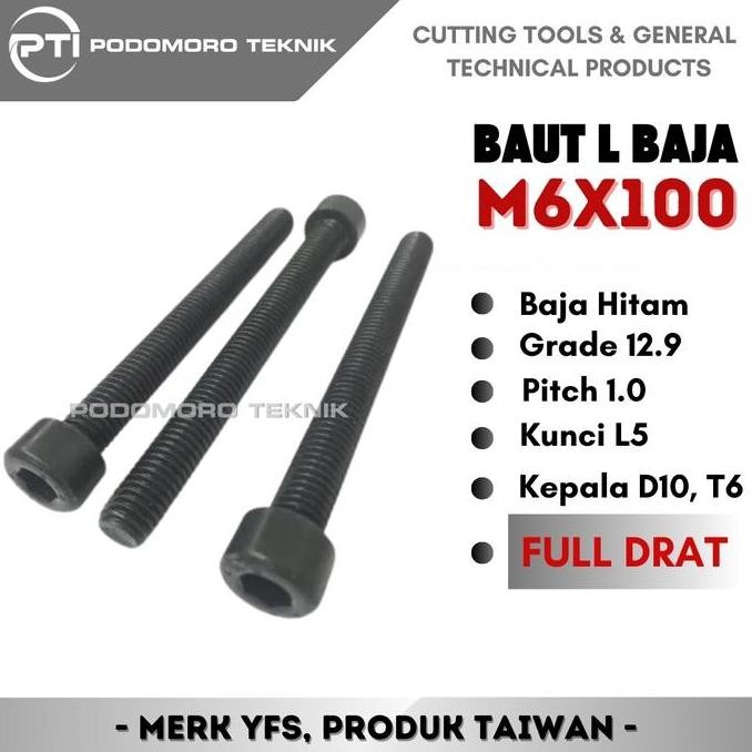 Baut L Baja 12.9 M6 x 100 mm Baut L Hitam M6X100 Full Drat DISKON