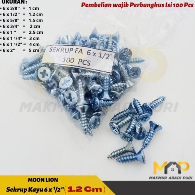 Sekrup Kayu Serbaguna-Sekrup Triplek Moon Lion 6x1/2" (1.2cm )-100pcs TERBAIK