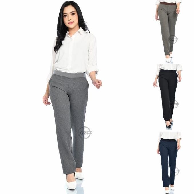 Celana Kerja Kantor Wanita Pinggang Karet Panjang Bahan Dasar Formal Hitam Polos Model Slimfit Celan