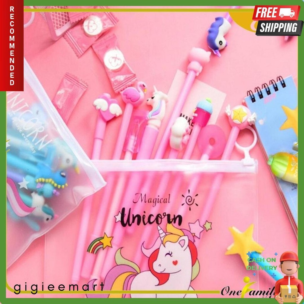 

One-A15 Pulpen Gel Karakter Lucu Set Isi 20Pcs Pena Free Zipper Pouch Tempat Pensil Transparan Murah Diskon Setengah Harga