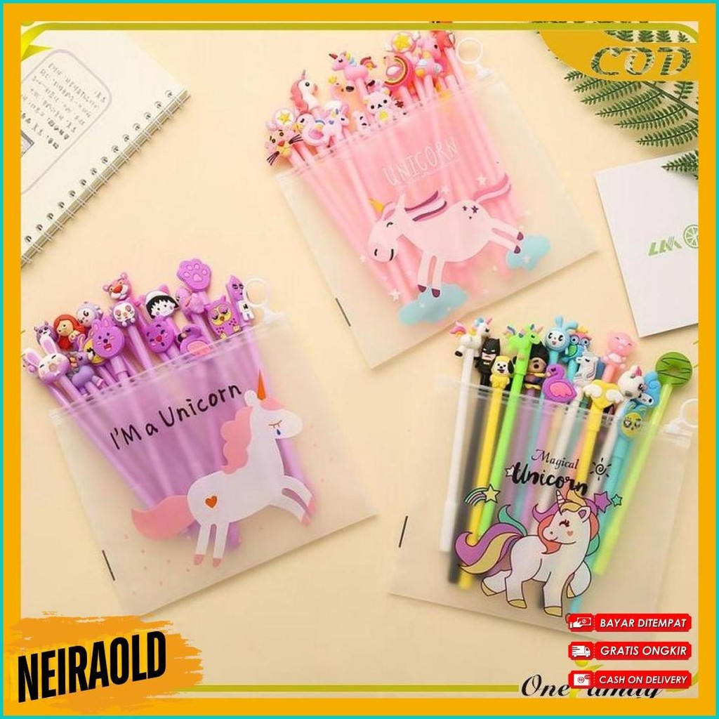 

One-A15 Pulpen Gel Karakter Lucu Set Isi 20Pcs Pena Free Zipper Pouch Tempat Pensil Transparan Murah Diskon Setengah Harga