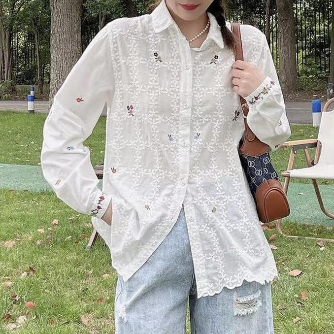 BLUS KEMEJA KATUN PUTIH BRUKAT PUTIH BORDIR BUNGA WARNA WARNI LENGAN PANJANG KOREA IMPORT