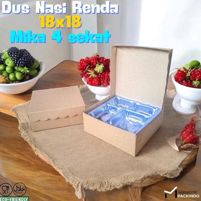 

UNGGULAN shopee Dus kotak nasi renda 18 x 18 + mika 4 sekat box kraft Renda R08S non laminasi perpack 50 pcs