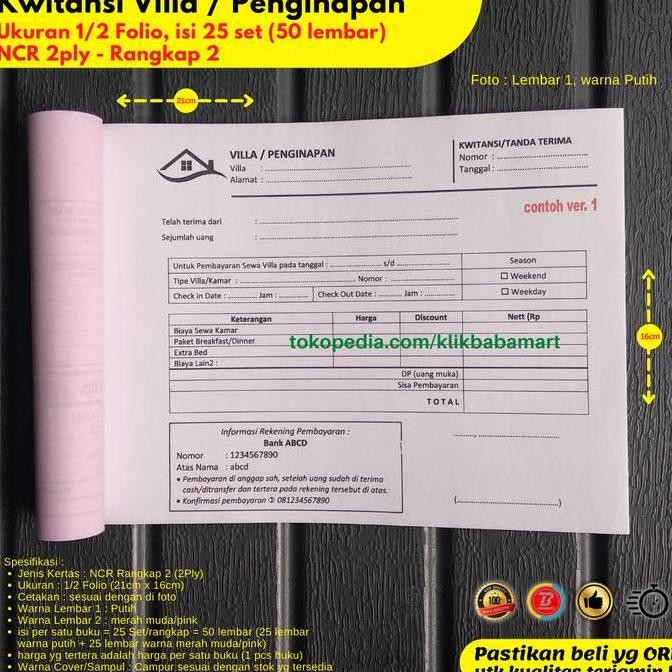 

Kwitansi Sewa Villa Penginapan Hotel 1/2 Folio Rangkap 2 Ply Putih Merah - Non Custom