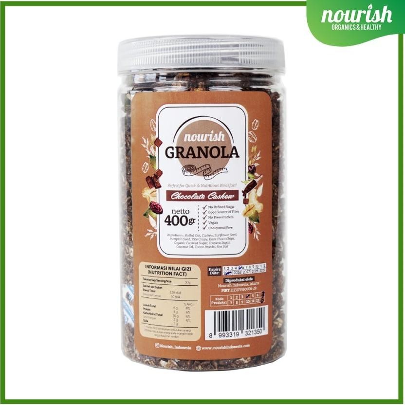 

Nourish Granola Chocolate Cashew Kacang Mede Bebas Kolesterol Tinggi Serat Vegan 400Gr