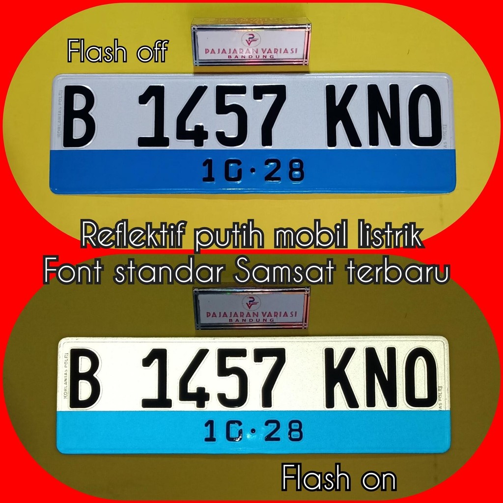 plat nomor reflektif putih mobil listrik sepasang