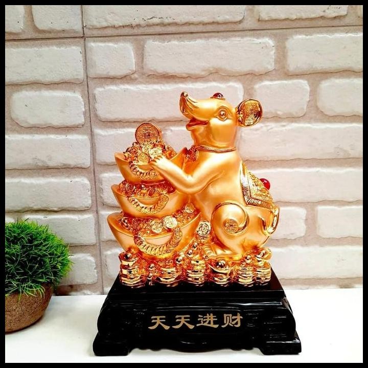 Patung Tikus Emas S Tatakan Kayu Kado Pajangan Hoki Shio Tikus Murah