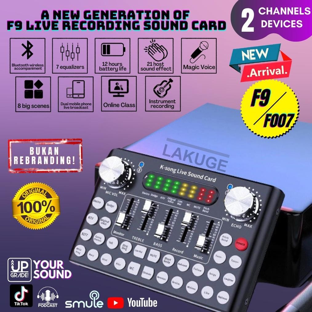 Terlaris F9 Live Soundcard Bluetooth Audio Mixer Set Amplifier Live Broadcast Recording Karaoke 2 Ch