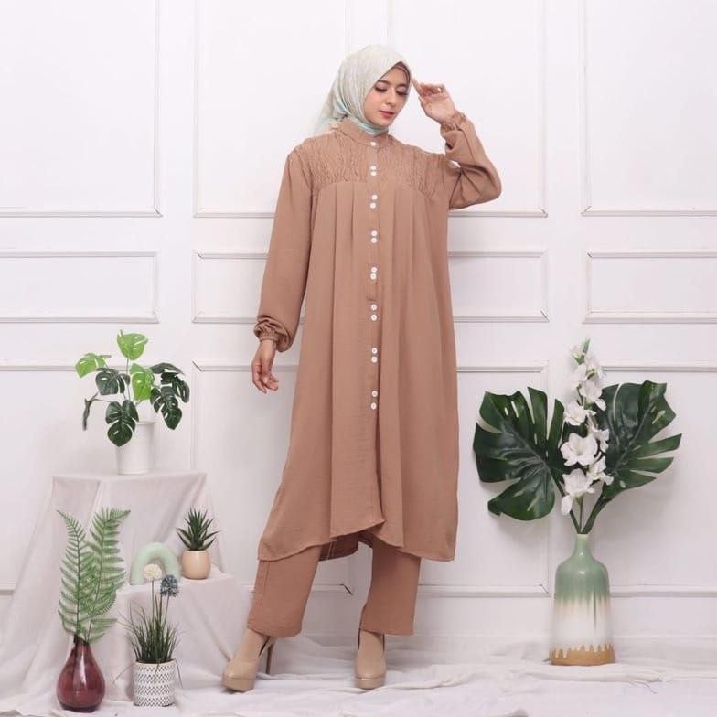 Baru Jaya_Co Setelan Smok Crinkle / Setelan Celana Kerut Long Tunik Crinkle