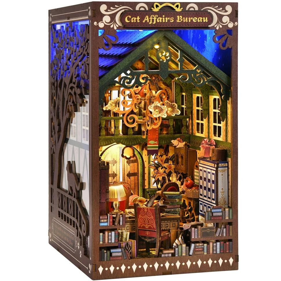 

(PO) Book Nook Kit Kitty Cat 3D Wooden Puzzle DIY Home Decoration For Bookshelf Miniature Insert Magic Book House Stand Bookshelf