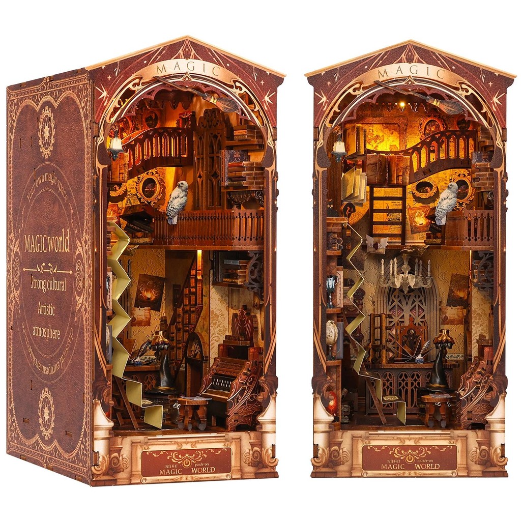 

(PO) 3D Bookend Kit Wooden Lighted DIY Book Nook Kit Magic World Mini Dollhouse Model Bookshelf Insert Decor Bookend Building Kit