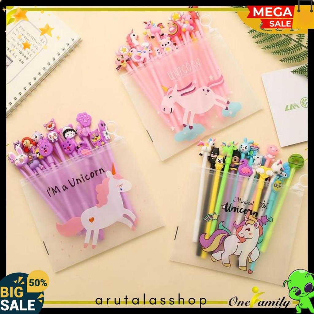 

One-A15 Pulpen Gel Karakter Lucu Set Isi 20Pcs Pena Free Zipper Pouch Tempat Pensil Transparan Murah Diskon