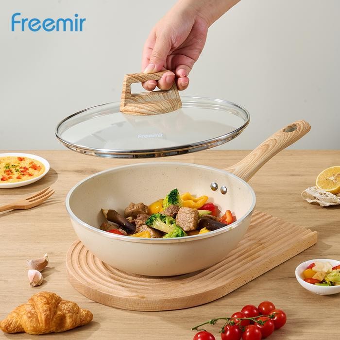 [Mega Sale] Freemir Wajan Penggorengan 24 Cm Bonus Tatakan Kukus Granit Putih Beige Tutup Kaca Anti 