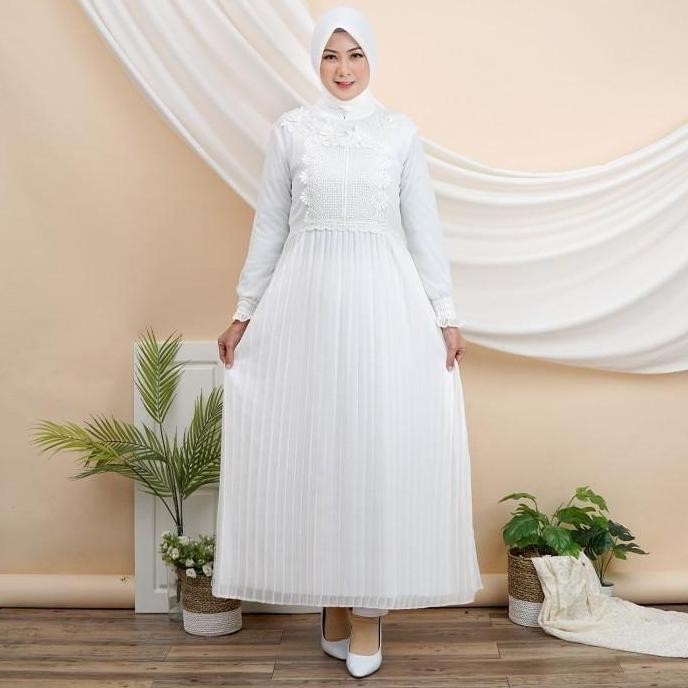 Gamis Putih Muslim Wanita Dress Brukat Lebaran Haji Umroh Manasik 920