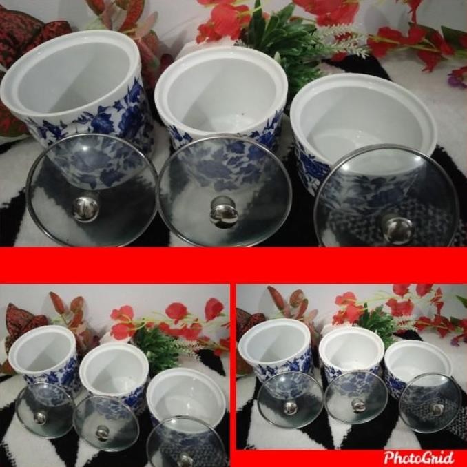 Toples Keramik Biru Putih 3Pcs/Tempat Bumbu Gula Kopi/Set Tempat Bumbu